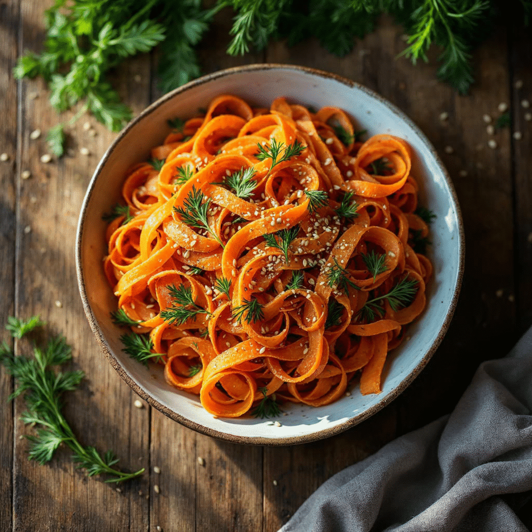 A vibrant bowl of carrot ribbon salad, ready to serve Fresh carrot ribbon salad in ceramic bowl