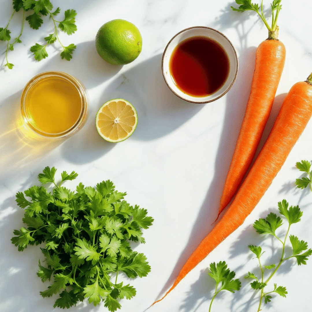 Carrot Ribbon Salad – A Quick, Addictive, and Irresistibly Fresh Favorite 1 Carrot ribbon salad ingredients flat lay